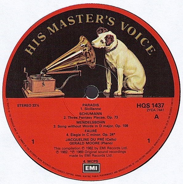 Image of Label Cover of LP - VG/VG - JACQUELINE DU PRE, A Jacquline Du Pre Recital (HMV Red, Large Semi-Circular Nipper Box; HQS 1437, UK 1982), Strong VG,  - 0726111E