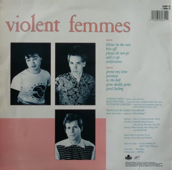 Image of Back Cover of LP - VG/VG - VIOLENT FEMMES, Violent Femmes (Slash; SLMP 15, UK 1987 Reissue, Company Inner), Triangular shaped area on cover where it's glossier than the rest. Not sure what it is. Strong VG disc.,  - 3346253S