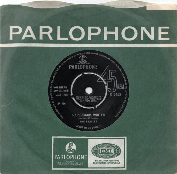 Image of Front Cover of 7" - VG/G+ - THE BEATLES, Paperback Writer/Rain (Parlophone 4-Prong Centre; R 5452, UK 1966, Company Sleeve, Mono), Centre intact, Little light marks,  No skips, Light indents and stamp to sleeve,  - 3516377C