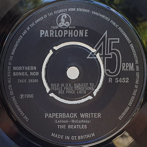 Image of Label Cover of 7" - VG/G+ - THE BEATLES, Paperback Writer/Rain (Parlophone 4-Prong Centre; R 5452, UK 1966, Company Sleeve, Mono), Centre intact, Little light marks,  No skips, Light indents and stamp to sleeve,  - 3516377C