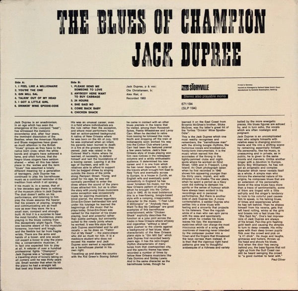 Image of Back Cover of 3813092C: LP - CHAMPION JACK DUPREE, The Blues Of Champion Jack Dupree (Storyville; 671 194, Germany 1965, Laminated Sleeve)   VG/G+