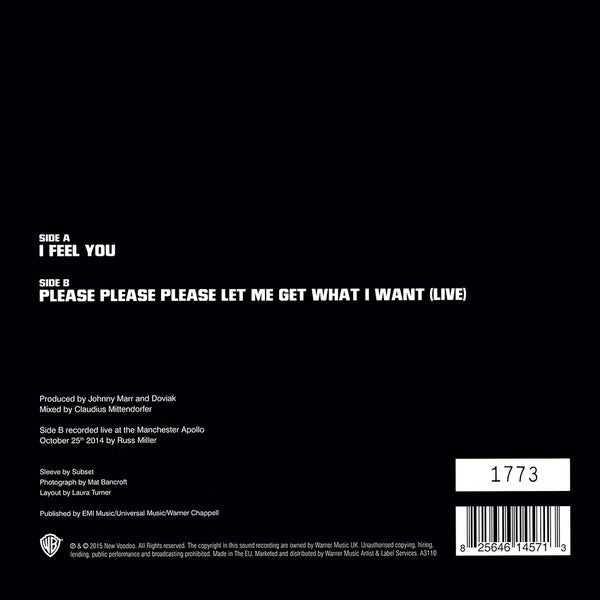 Image of Back Cover of 7" - EX/EX - JOHNNY MARR, I Feel You (EMI; A3110, UK 2015, Picture Sleeve, Black Inner, Postcard, Numbered, Limited Edition), No. 0048. Still in shrinkwrap.,  - 3016337C