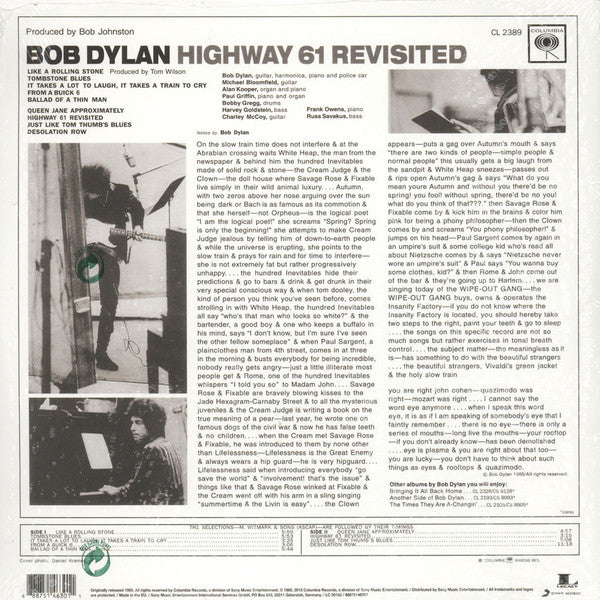 Image of Back Cover of LP - NEW/NEW - BOB DYLAN, Highway 61 Revisited (Legacy Vinyl; 88875146301, UK 2015 Reissue, 180 Gram Vinyl, Mono), , Books have been written about this album - takes it all a bit too far i think, but this really is one album that everyone should have, this is a reissue of one of the greatest rock n roll records ever made. A genuinely groundbreaking masterpiece featuring such seminal tracks as "Like a Rolling Stone", "Tombstone Blues", "Ballad of a Thin Man",  and "Desolation Row" . -