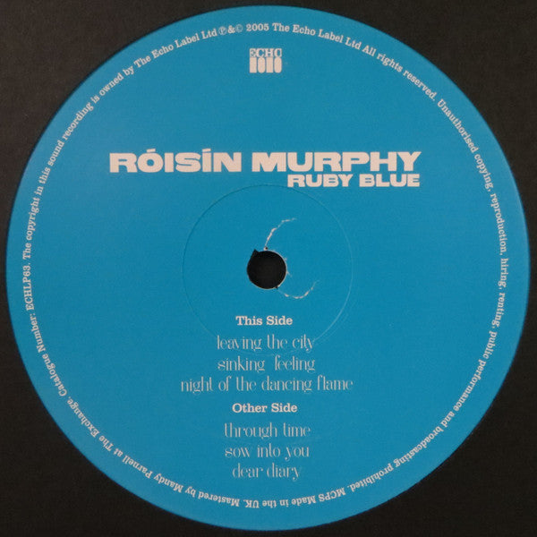 Image of Label Cover of 2xLP - VG/VG - ROISIN MURPHY, Ruby Blue (Echo; ECHLP 63, UK 2005, 2 Inners & Booklet), Disc two has slight warp but plays through fine. Mainly storage marks / scuffs on records. Sleeve has heavy creasing at top left corner and along spine; some light damage and wear bottom corner and opening. Edge slightly dented at top. Appears to come with two identical booklets,  - 3316499C