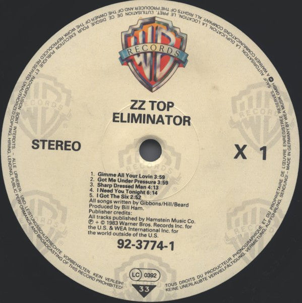 Image of Label Cover of LP - VG/VG - ZZ TOP, Eliminator (Warner Bros Records No "Lone Wolf" No Rights Box; 92-3774-1, UK 1983, Inner, "UK" In Runout), ,  - 3726424E