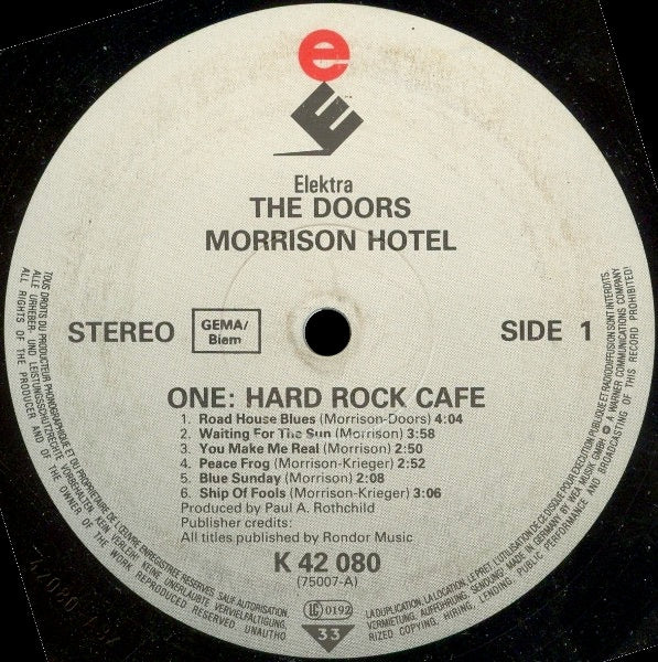Image of Label Cover of LP - VG/VG+ - THE DOORS, Morrison Hotel (Elektra "Balancing Es" Label; K 42 080, Europe 1980s Reissue, Single Sleeve), ,  - 4246425S