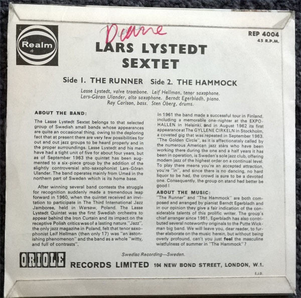 Image of Back Cover of 7" - VG+/VG - LARS LYSTEDT SEXTET, The Runner / The Hammock (Realm; REP 4004, UK 1964, Laminated Flipback Sleeve), Strong VG,  - 2826348E