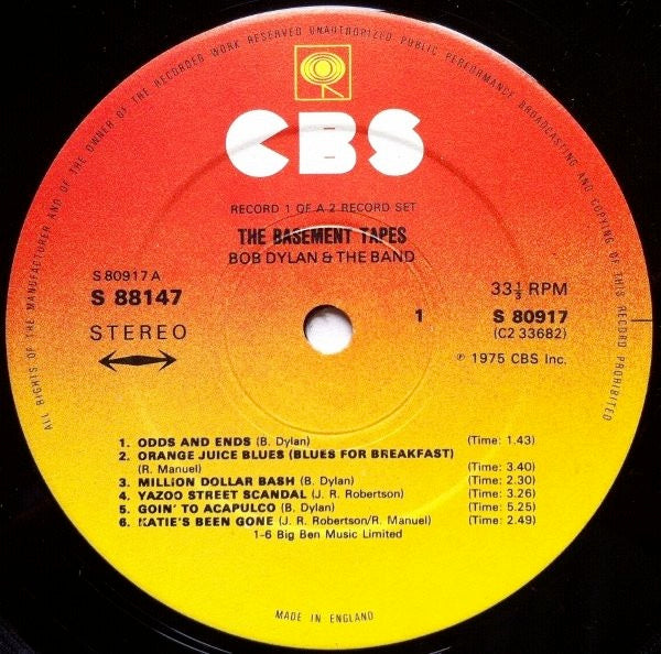Image of Label Cover of 2xLP - VG/G+ - BOB DYLAN, THE BAND, The Basement Tapes (CBS Orange/Yellow - Made In England At Bottom Of Label; CBS 88147, UK 1975, Gatefold, Promo Sticker On Sleeve, Labels State: "Record [1/2] Of A 2 Record Set"), ,  - 2546068S