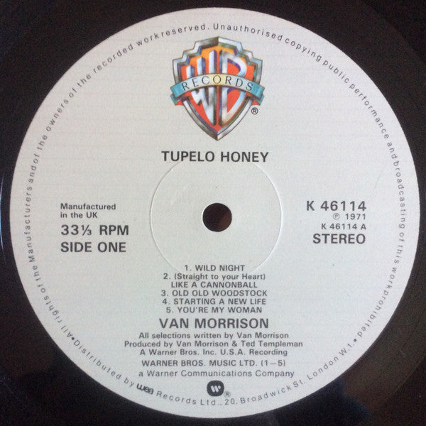 Image of Label Cover of LP - VG/VG - VAN MORRISON, Tupelo Honey (Warner Bros. Records Tan Brick Labels; K 46114, UK Reissue, Gatefold, Manufactured In The UK), Sleeve a bit worn. ,  - 2216373C