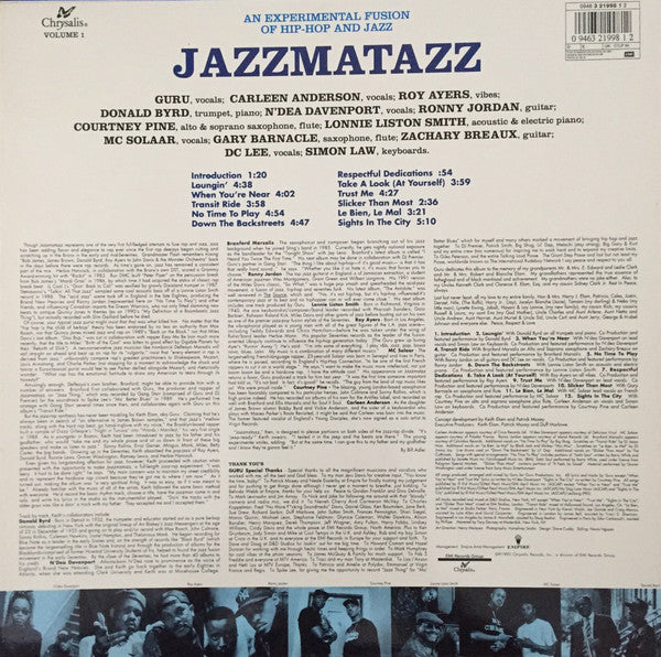 Image of Back Cover of LP - VG/G+ - GURU, Jazzmatazz Vol.1 (Chrysalis; CTLP 34, UK 1993), light scratches, & hairlines, edge wear,  - 4046070S