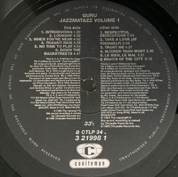 Image of Label Cover of LP - VG/G+ - GURU, Jazzmatazz Vol.1 (Chrysalis; CTLP 34, UK 1993), light scratches, & hairlines, edge wear,  - 4046070S