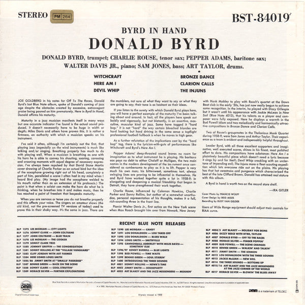 Image of Back Cover of 4825285E: LP - DONALD BYRD, Byrd In Hand (Blue Note; BST 84019, France 1985 Reissue, Pasteback Sleeve, Company Inner, DMM, Stereo) Heavy Ring Wear, Company Sleeve  G+/VG+