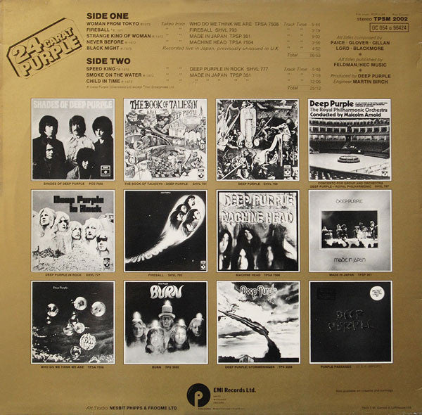 Image of Back Cover of 1624440E: LP - DEEP PURPLE, 24 Carat Purple  (EMI; TPSM2002, UK 1975, Laminated Sleeve)   VG+/VG+