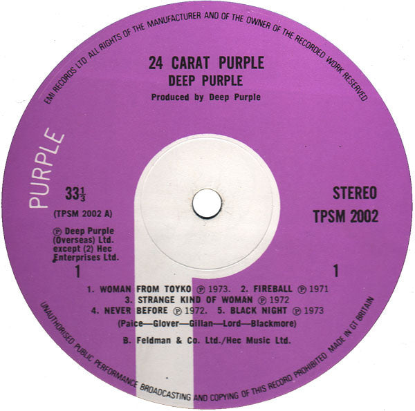 Image of Label Cover of 1624440E: LP - DEEP PURPLE, 24 Carat Purple  (EMI; TPSM2002, UK 1975, Laminated Sleeve)   VG+/VG+