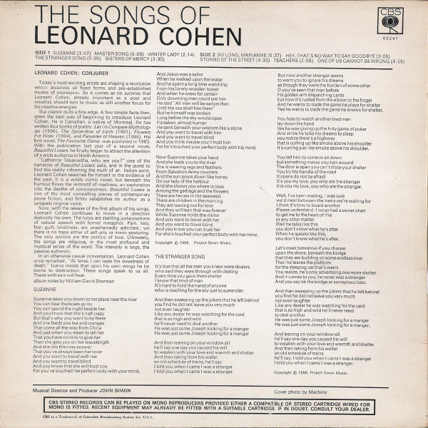 Image of Back Cover of LP - VG/G+ - LEONARD COHEN, The Songs Of Leonard Cohen (CBS Orange (33 1/3 On Label); CBS 63241, UK 1971 Reissue, Non Laminated Sleeve, Essex Music / MAM Publishing Side One), Light marks, light fogging, name written on rear.,  - 3916141C