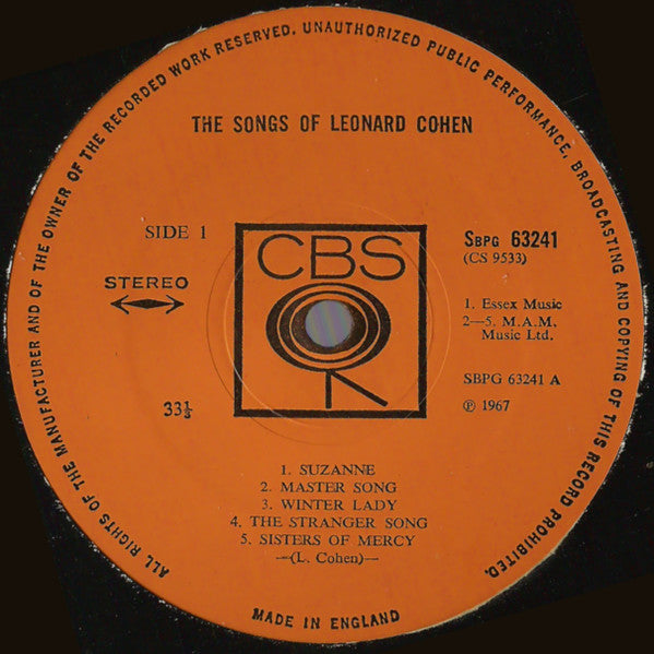 Image of Label Cover of LP - VG/G+ - LEONARD COHEN, The Songs Of Leonard Cohen (CBS Orange (33 1/3 On Label); CBS 63241, UK 1971 Reissue, Non Laminated Sleeve, Essex Music / MAM Publishing Side One), Light marks, light fogging, name written on rear.,  - 3916141C