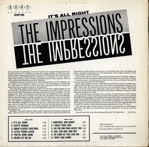 Image of Back Cover of LP - VG/VG - THE IMPRESSIONS, The Impressions (Kent; KENT 005, UK 1983 Reissue), Light hairlines. Edgewear.,  - 4026274E