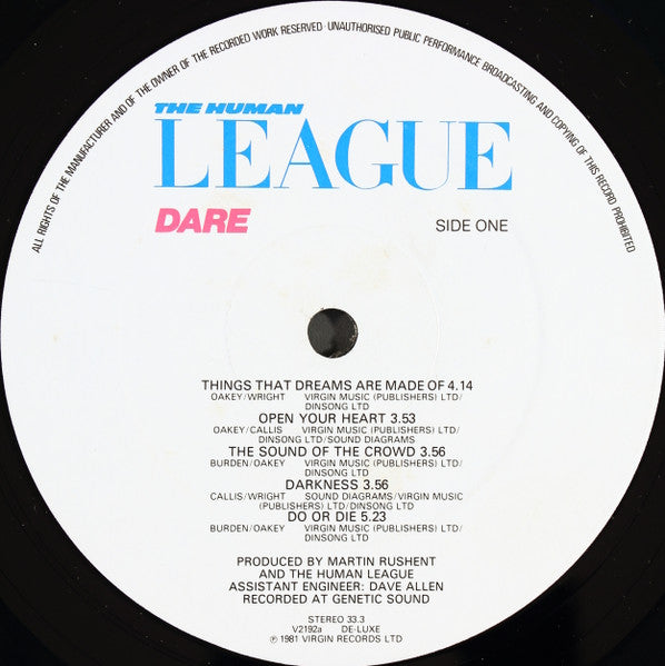 Image of Label Cover of 1324367E: LP - THE HUMAN LEAGUE, Dare (Virgin; V2192, UK 1981, Gatefold, Inner, CBS Pressing, TOWNHOUSE Runout.)   VG/VG