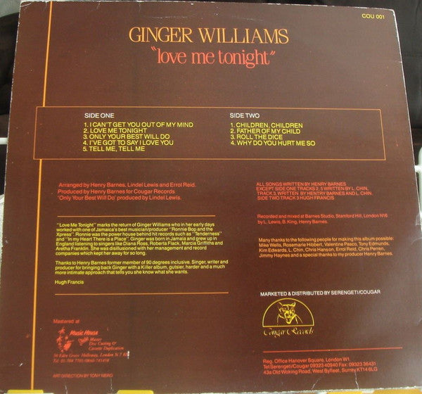 Image of Back Cover of 0546226S: LP - GINGER WILLIAMS, Love Me Tonight (Cougar; CU 001, UK )   VG/VG+