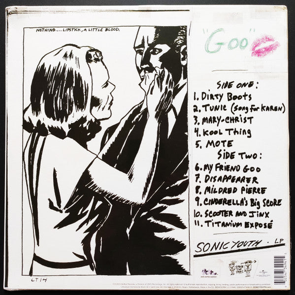 Image of Back Cover of LP - NEW/NEW - SONIC YOUTH, Goo (DGC; 4734941, Europe Reissue, Insert), , 'Goo' was Sonic Youth's eighth album, and their first for DGC / Geffen. The album was their major label debut, and with arena rock staples like 'Kool Thing' and 'Dirty Boots' deep in its grooves, it allowed Sonic Youth to enter the mainstream world, destroy everything in their path, and emerge victorious, riding the top 10 charts to sonic stardom and glory....... or at least get them the opening spot on the 1991