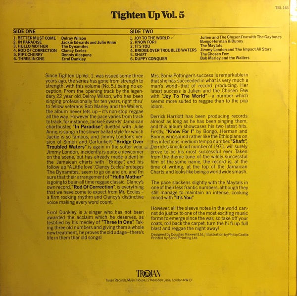 Image of Back Cover of 5144174S: LP - VARIOUS ARTISTS, Tighten Up Vol. 5 (Trojan Records (Orange & White); TBL 165, UK 1971, Laminated Front Sleeve) Lots of lift in lamination, creasing, ringwear, writing to rear. Many hairline scratches to record.  G+/G+