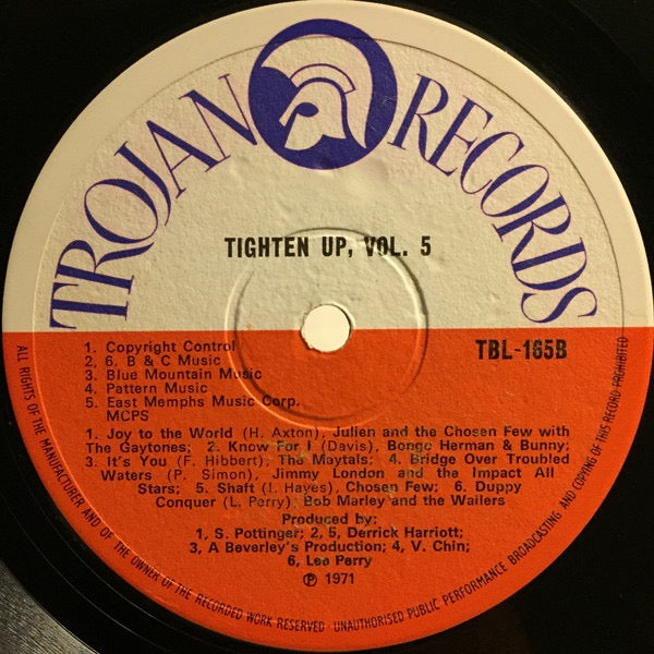 Image of Label Cover of 5144174S: LP - VARIOUS ARTISTS, Tighten Up Vol. 5 (Trojan Records (Orange & White); TBL 165, UK 1971, Laminated Front Sleeve) Lots of lift in lamination, creasing, ringwear, writing to rear. Many hairline scratches to record.  G+/G+