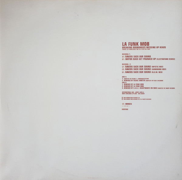 Image of Back Cover of 2x12" - VG/G+ - LA FUNK MOB, Breaking Boundaries And Messing Up Heads (Casse Les Fronti res, Fou Les T tes En L'Air)  (Mo Wax; MW 023, UK 1994, Stickered Plain Sleeve), scuffs and marks. light wear to sleeve,  - 1946036S