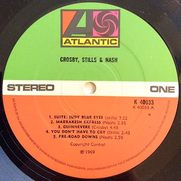 Image of Label Cover of LP - VG/VG+ - CROSBY, STILLS & NASH, Crosby, Stills & Nash (Atlantic Green & Orange, No Warner Logo in Rim Text; K 40033, UK 1972 Reissue, Textured Gatefold Sleeve, Insert), Edge Wear,  - 2846080S