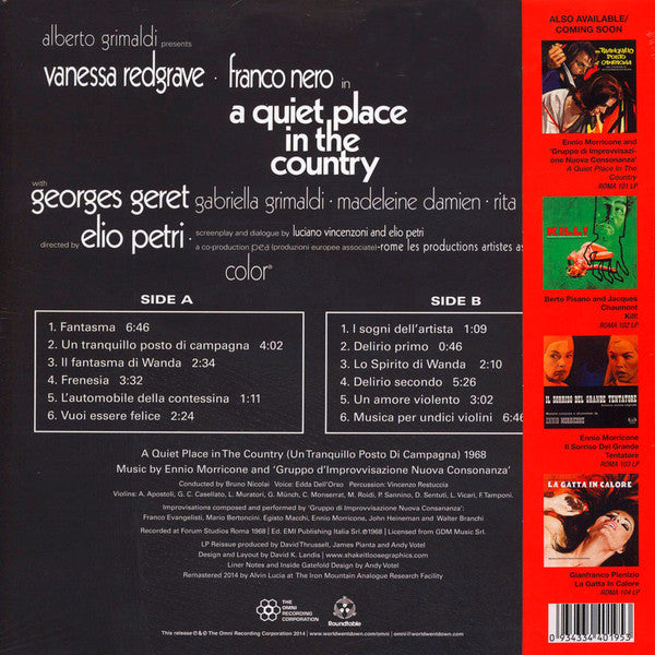 Image of Back Cover of LP - VG+/VG+ - ENNIO MORRICONE AND GRUPO D'IMPROVVISAZIONE NUOVA CONSONANZA, A Quiet Place In The Country OST (The Roundtable / Omni Recording Corporation; ROMA101L, Australia 2014 Reissue, Gatefold, Inner, 180 Gram Vinyl, With Obi), Strong VG+, Corner Bump,  - 1826500E