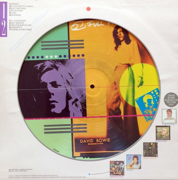 Image of Back Cover of 3214384C: LP - DAVID BOWIE, Hunky Dory (RCA Victor; BOPIC2, UK 1984 Reissue, Die Cut Sleeve, Limited Edition Picture Disc) NO Insert.  VG/VG