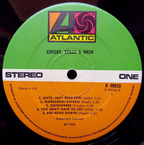 Image of Label Cover of LP - VG+/G+ - CROSBY, STILLS & NASH, Crosby, Stills & Nash (Atlantic Orange & Green Labels With V & Made In UK But No WB Logo ; K40033, UK 1972 Reissue, Textured Gatefold Sleeve, Insert), Side 1 VG with just a few hairlines, Side 2 has quite a few surface marks, Good gloss, Nice sleeve,  - 4116091C