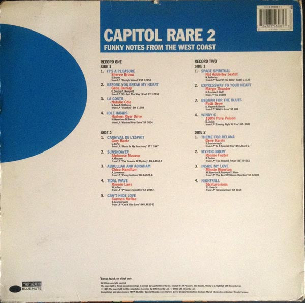 Image of Back Cover of 2xLP - VG+/VG - VARIOUS, Capitol Rare - Funky Notes From The West Coast Vol. 2 (Blue Note; 7243 8 35608 1 1, UK 1995, Picture Sleeve, 2 Inners), ,  - 3226095E