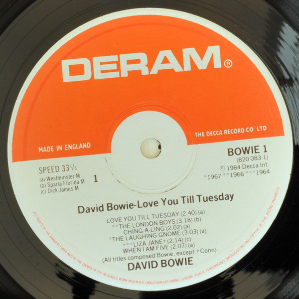 Image of Label Cover of LP - VG/VG - DAVID BOWIE, Love You Till Tuesday (Deram; 820 083-1, UK 1984), Manufacturing fault on B5 - clicks for a few rotations otherwise VG+.,  - 3326220E