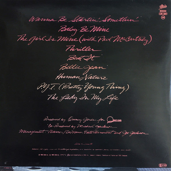 Image of Back Cover of LP - VG/VG - MICHAEL JACKSON, Thriller (Epic Dark Blue and Yellow; EPC 85930, Netherlands 1982, Non-Stickered Gatefold, Inner), Light marks only. Sleeve has light ring wear but looks good,  - 2626194E