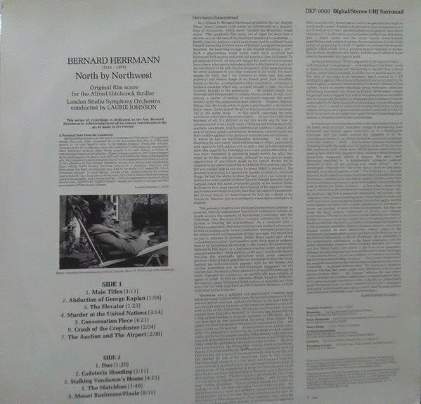 Image of Back Cover of 4844132S: LP - BERNARD HERRMANN / THE LONDON STUDIO SYMPHONY ORCHESTRA, Alfred Hitchcock's North By Northwest (Unicorn-Kanchana; DKP 9000, UK 1980) A few light surface marks. Light sticker damage/residue and general sleeve wear.  VG/VG+