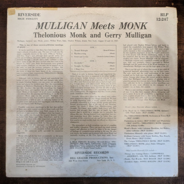 Image of Back Cover of LP - VG/VG - GERRY MULLIGAN & THELONIOUS MONK, Mulligan Meets Monk (Riverside ; RLP 12-247, UK 1961, Laminated Flipback Sleeve), ,  - 3126288E