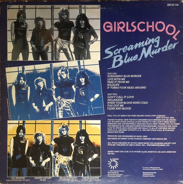 Image of Back Cover of 3744170S: LP - GIRLSCHOOL, Screaming Blue Murder (Bronze; BRON 541, UK 1982, Insert)   VG/VG+