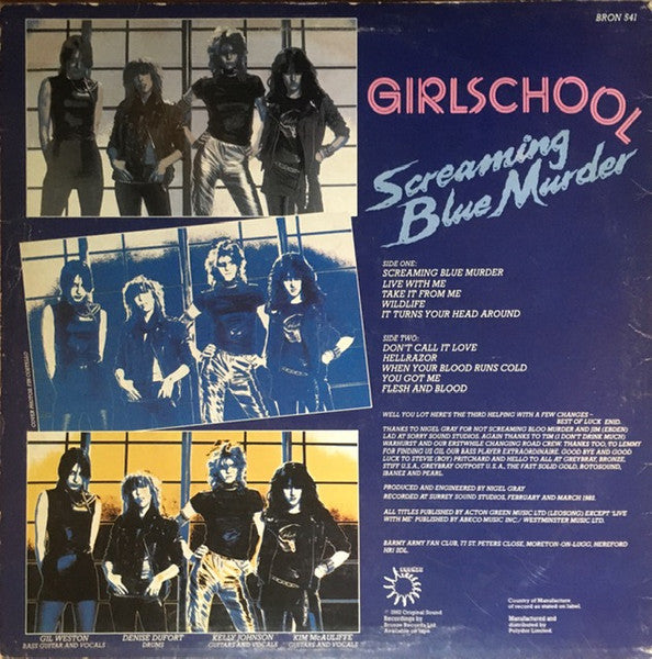 Image of Back Cover of LP - VG/VG - GIRLSCHOOL, Screaming Blue Murder (Bronze; BRON 541, UK 1982, Insert), ,  - 2426005E