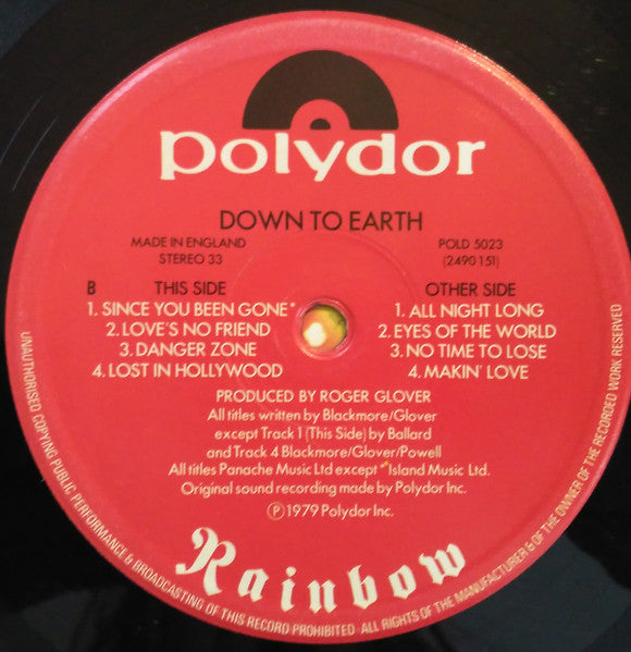 Image of Label Cover of LP - VG/VG - RAINBOW, Down To Earth (Polydor; POLD5023, UK 1979, Inner), ,  - 3526073E