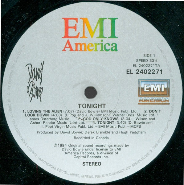 Image of Label Cover of LP - VG+/VG+ - DAVID BOWIE, Tonight (EMI America; DB 1, UK 1984, Inner), ,  - 2426117E