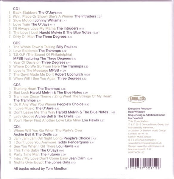 Image of Back Cover of 4xCD - VG+/M - TOM MOULTON, Philadelphia International Classics: The Tom Moulton Remixes (Harmless; HURTXCD 112, UK 2012, Box Set, 4 Inners & Booklet), Still SEALED in shrinkwrap. Small dent on rear of box.,  - 2716257C