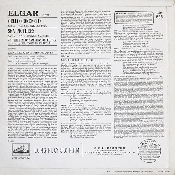 Image of Back Cover of 4724369E: LP - JACQUELINE DU PRE, BARBIROLLI, LSO, Elgar: Cello Concerto (HMV Red, Semi Circular Nipper Box; ASD 655, UK 1965, Laminated Flipback Sleeve, Stereo, No Cat No On Spine) 5cm Tear to Bottom Right Se  VG/VG+