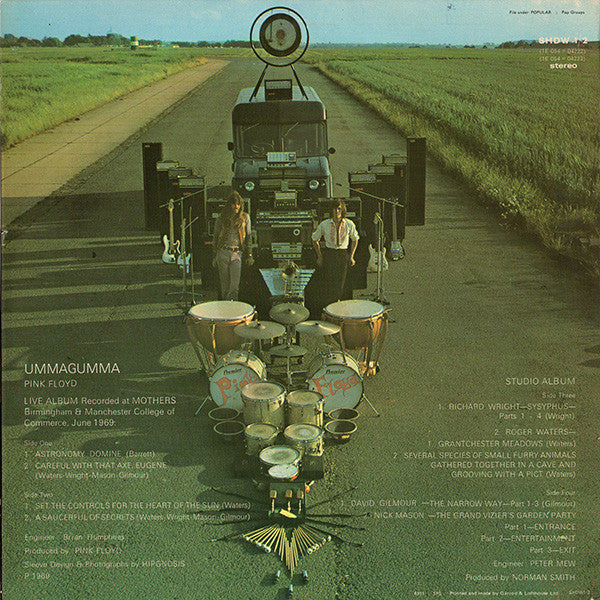 Image of Back Cover of 0426246E: 2xLP - PINK FLOYD, Ummagumma (Harvest Green, EMI On Rim, EMI Box; SHDW 1/2, UK 1977 Reissue, Laminated Gatefold) Strong G+, but one larger mark across D1-2, and hairlines to side A. One original liner, ripped. Sticker on rear and slight sticker damage in bottom corner.   VG/G+
