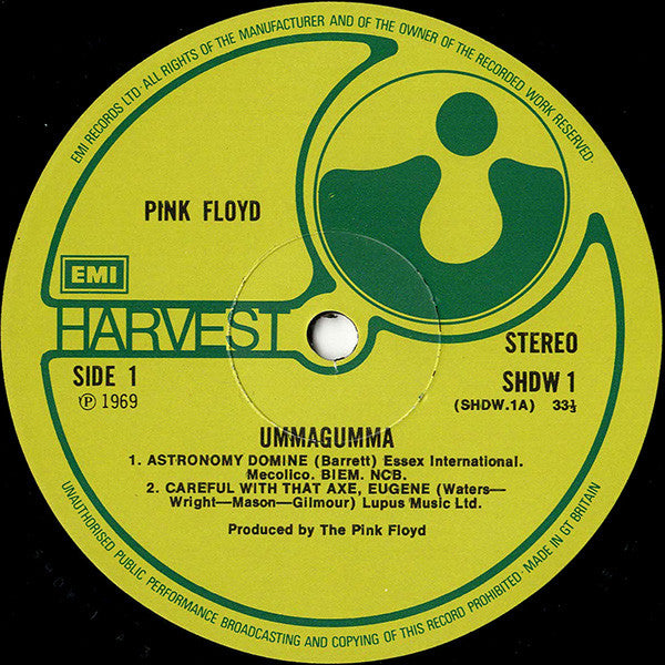 Image of Label Cover of 0426246E: 2xLP - PINK FLOYD, Ummagumma (Harvest Green, EMI On Rim, EMI Box; SHDW 1/2, UK 1977 Reissue, Laminated Gatefold) Strong G+, but one larger mark across D1-2, and hairlines to side A. One original liner, ripped. Sticker on rear and slight sticker damage in bottom corner.   VG/G+