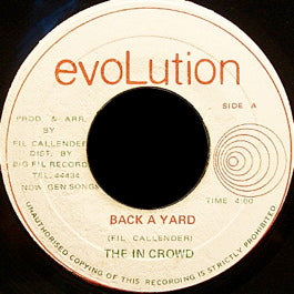 Image of Front Cover of 7" - /VG - THE IN CROWD, Back A Yard (Evolution; , Jamaica 1978), Record has mostly lighter marks. Labels have liquid staining / damage and marker pen writing on them,  - 2416229C