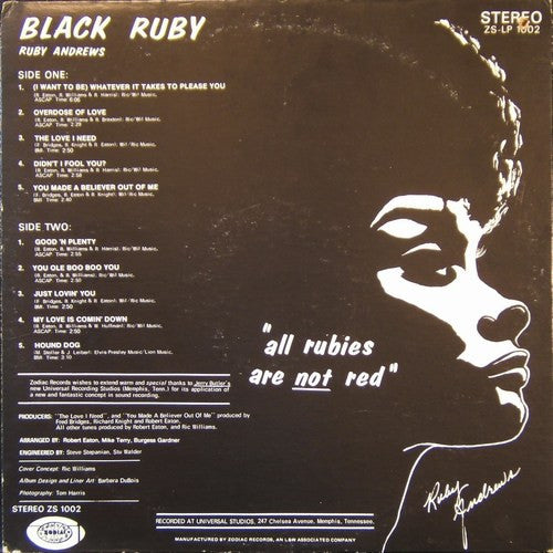 Image of Back Cover of LP - G+/VG - RUBY ANDREWS, Black Ruby (Zodiac; ZS-LP 1002, US 1972), Light marks. Writing on label. Lots of writing on sleeve. Ringwear.,  - 1526263E