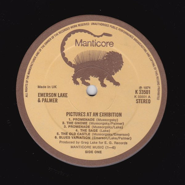 Image of Label Cover of LP - VG+/VG+ - ELP (EMERSON, LAKE & PALMER), Pictures at an Exhibition (Manticore; K 33501, UK 1973 Reissue, Gatefold), ,  - 1526132E