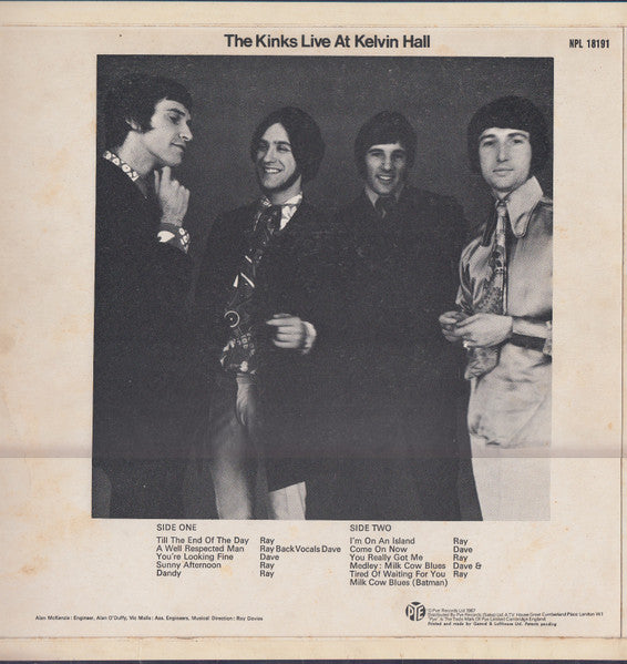 Image of Back Cover of LP - VG/VG - THE KINKS, Live At Kelvin Hall (Pye Records; NPL.18191, UK 1968, Flipback Sleeve, Mono), Front of sleeve worn & creased, one small pen mark on rear. ,  - 3016185C