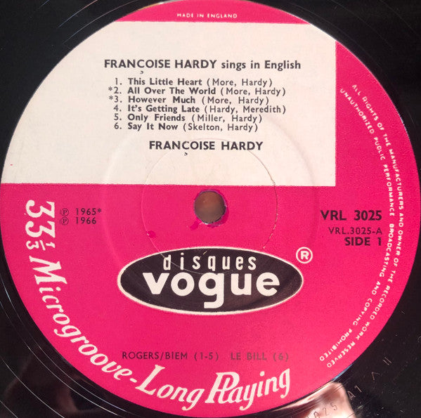 Image of Label Cover of LP - VG/VG - FRANCOISE HARDY, Sings In English (Disques Vogue; VGL 7014, UK 1966, Laminated Flipback Sleeve), ,  - 3626029E