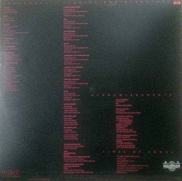 Image of Back Cover of LP - VG/VG - DAVID BOWIE, Young Americans (RCA Victor Orange; RS 1006, UK 1975, Mainman Logo On Rear Sleeve, 3E 4E Matrix.), ,  - 3926329E